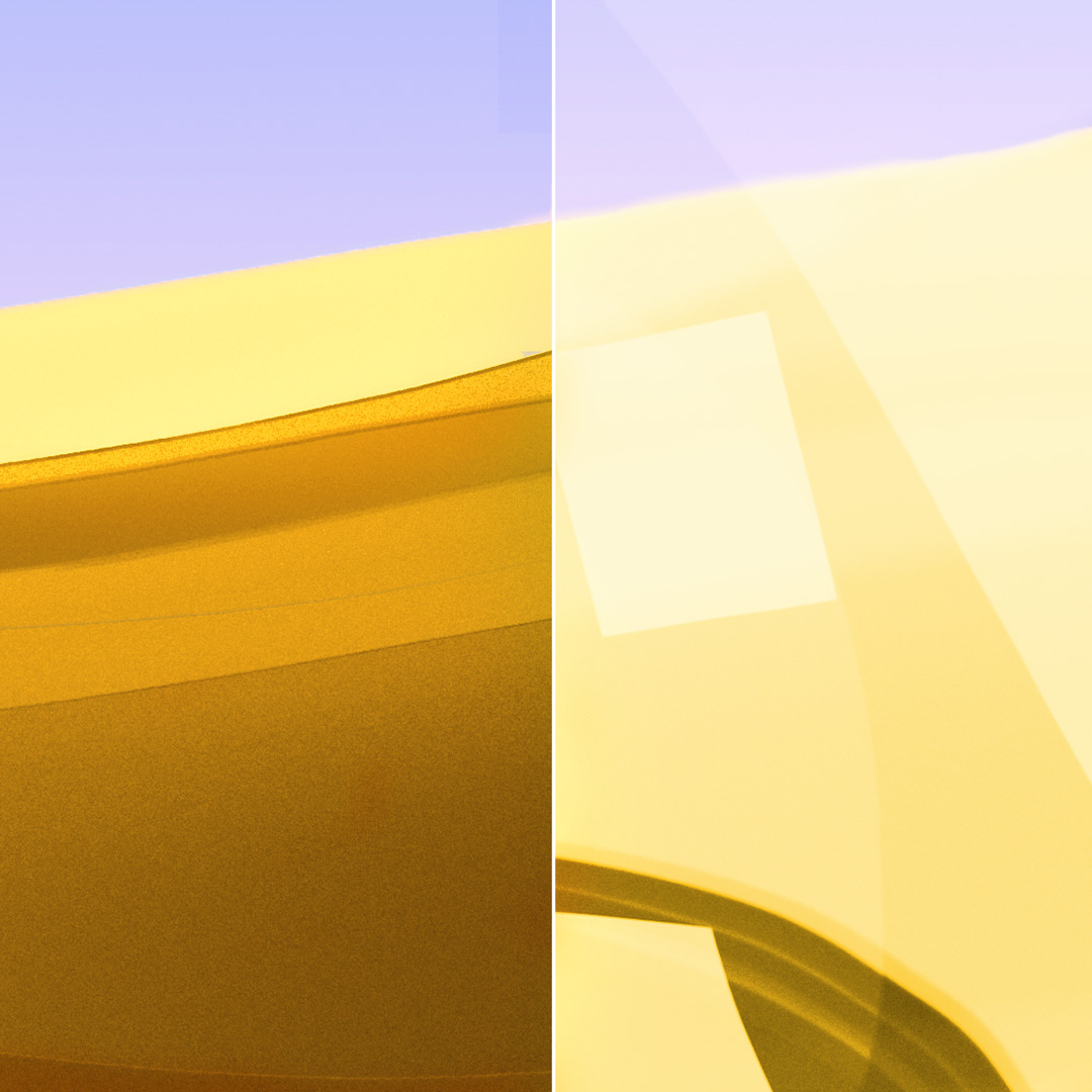 Imagem dividida de uma lente nítida e limpa com ZEISS DuraVision Gold UV e uma lente com reflexos intensos.