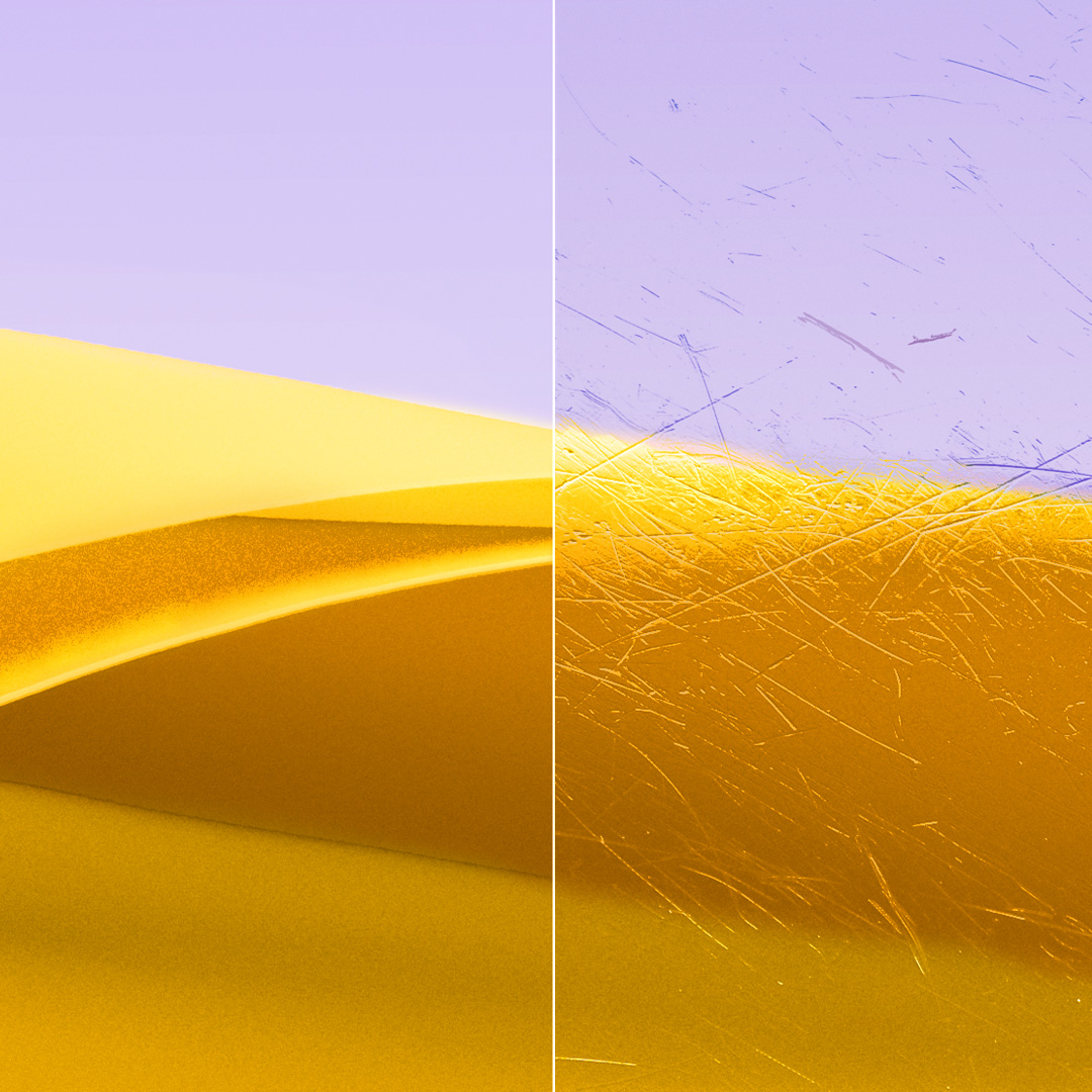Imagem dividida de uma lente nítida e limpa com ZEISS DuraVision Gold UV e uma lente com riscos.