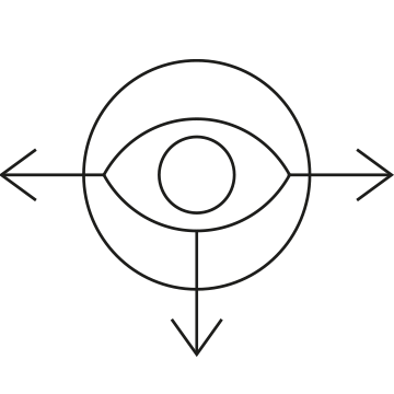 Ícone que mostra um olho num círculo com três setas: para a esquerda, para baixo e para a direita.