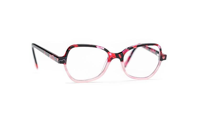 Lentes oftálmicas para crianças com armação preta, vermelha e rosa-claro com corações.