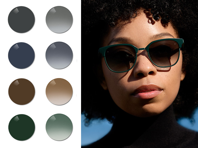 Uma jovem com lentes ZEISS Sun Rx em degradê Black. Em seguida, são apresentadas as cores Black, Grey, Brown e as tonalidades Pioneer uniformes e degradê.