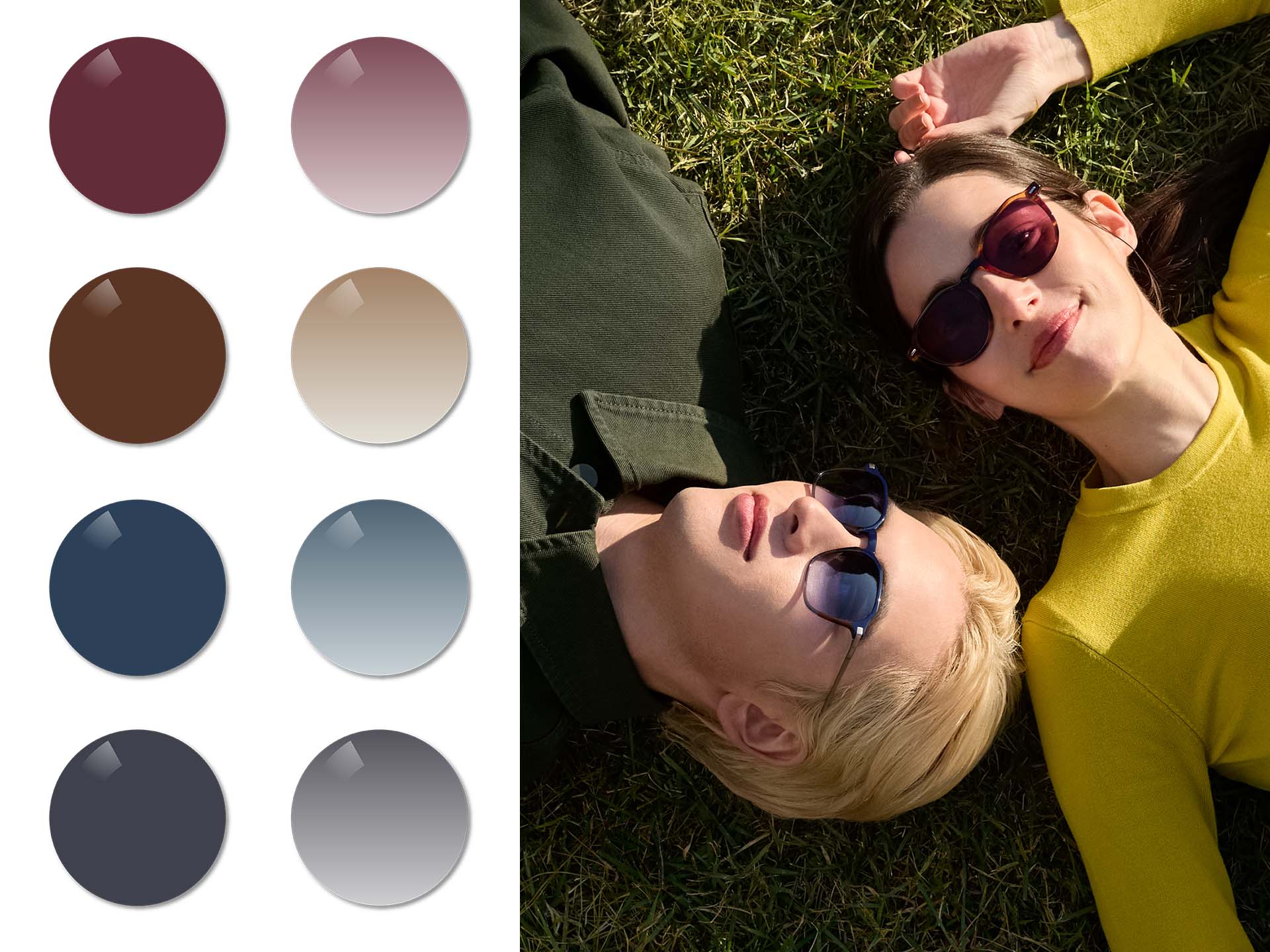 Um homem com lentes ZEISS Sun Rx em Midnight Blue degradê e uma mulher com lentes de óculos de sol com receita da ZEISS em Burgundy uniforme, deitados na relva. Em seguida, são apresentadas as cores Burgundy, Copper Brown, Midnight Blue e Dusk Grey em tonalidades uniformes e degradê.