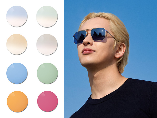 Um jovem com lentes ZEISS Sun Rx em coloração azul uniforme. Em seguida, é apresentada a paleta de tonalidades especiais, de degradês pastel a tonalidades uniformes coloridas e fortes.