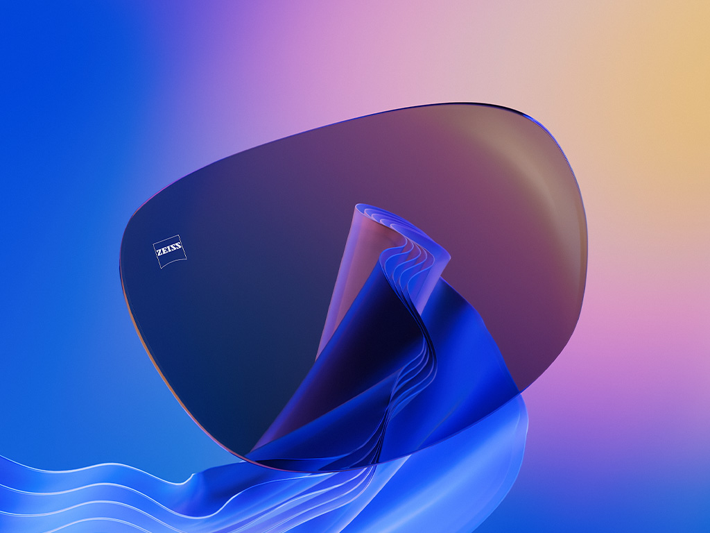 Ilustração 3D gerada por computador de uma lente de óculos de sol colorida.