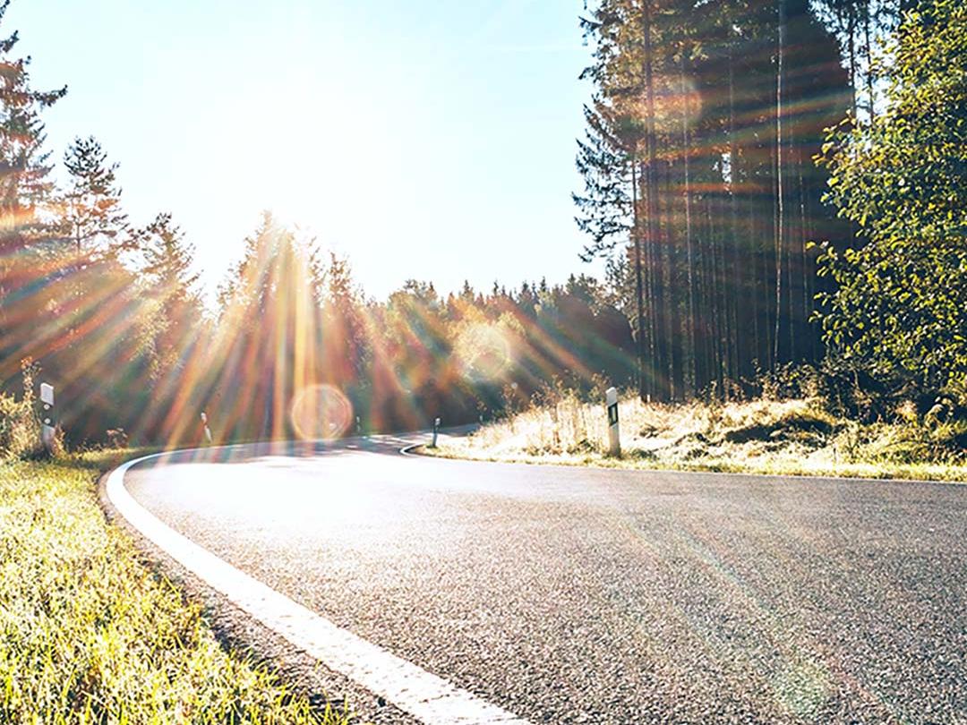 Uma imagem deslizante em que metade mostra uma estrada num bosque com luz brilhante do sol e a outra metade mostra a mesma estrada com brilho reduzido e contraste aumentado, destacando o efeito de lentes de óculos de sol polarizadas.