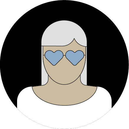 Ilustração de uma mulher a usar óculos com lentes em forma de coração. 