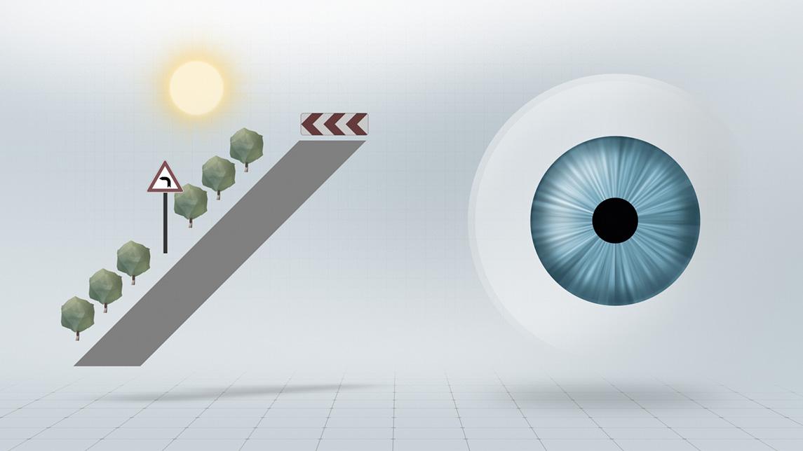 Luz brilhante = visão fotópica, com a pupila pequena: grande profundidade de foco, percepção descontraída do espaço
