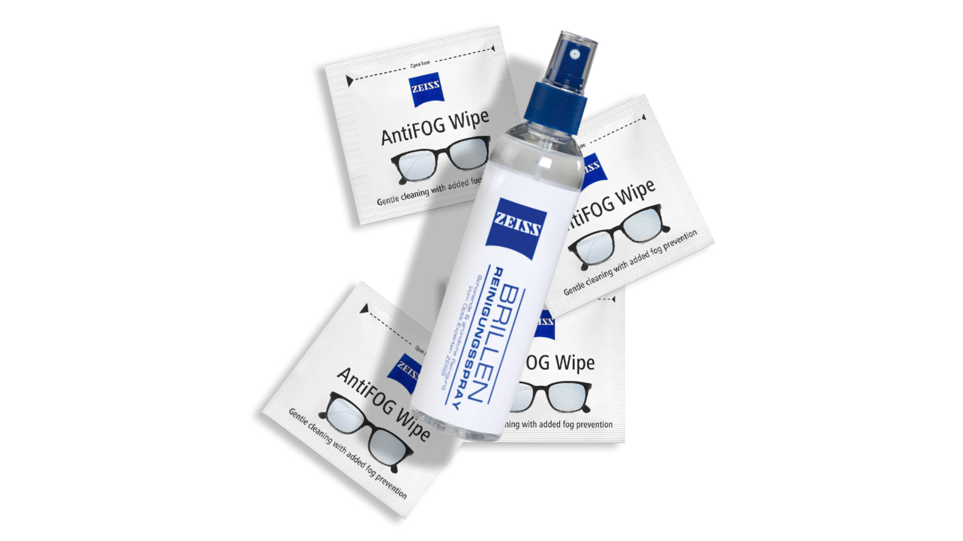 Imagem dos toalhetes e do spray de limpeza de lentes da ZEISS.