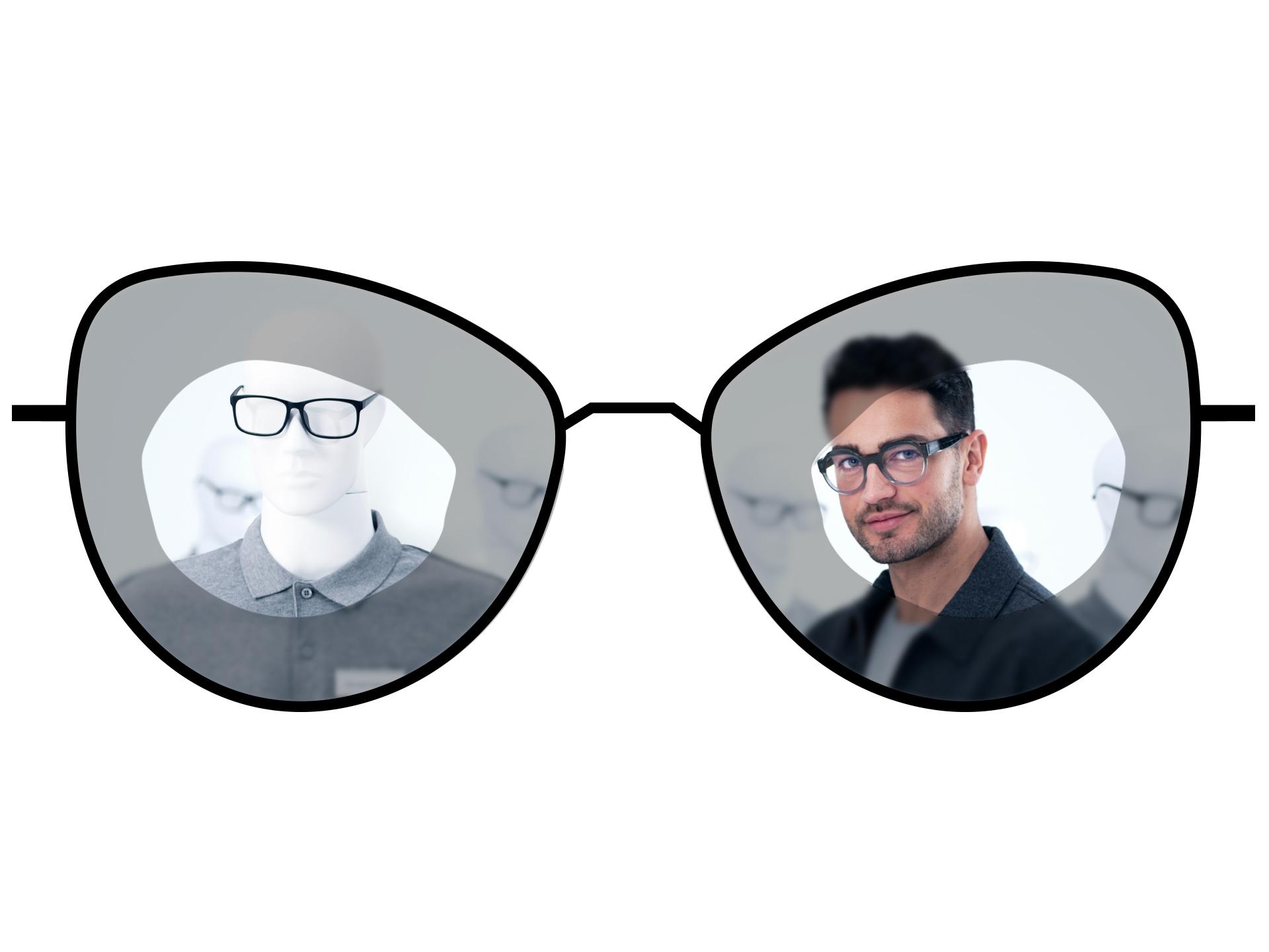 Ilustração de óculos que mostra as zonas desfocadas das lentes monofocais tradicionais em comparação com as amplas zonas nítidas das lentes monofocais ZEISS ClearView