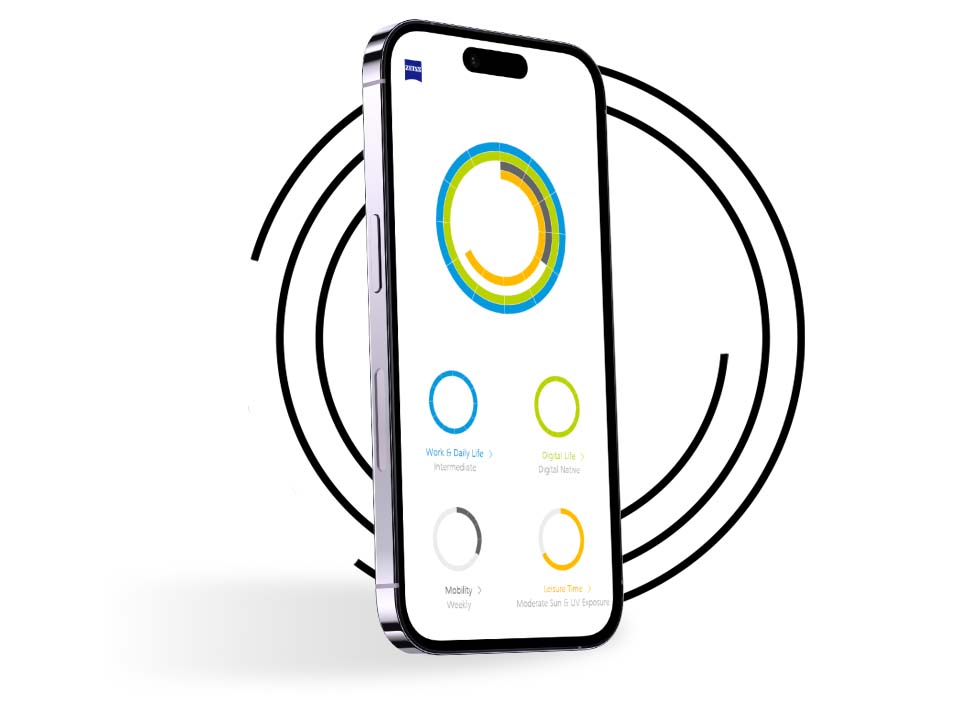 Um smartphone em frente a anéis pretos que mostra o perfil de um utilizador de "O Meu Perfil Visual" com anéis de cores diferentes. 