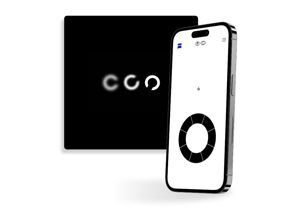 Um smartphone cujo ecrã apresenta um exercício do teste de visão online da ZEISS, em frente a um botão quadrado preto que mostra círculos com aberturas voltadas para direções diferentes, habitualmente utilizados em testes de visão.