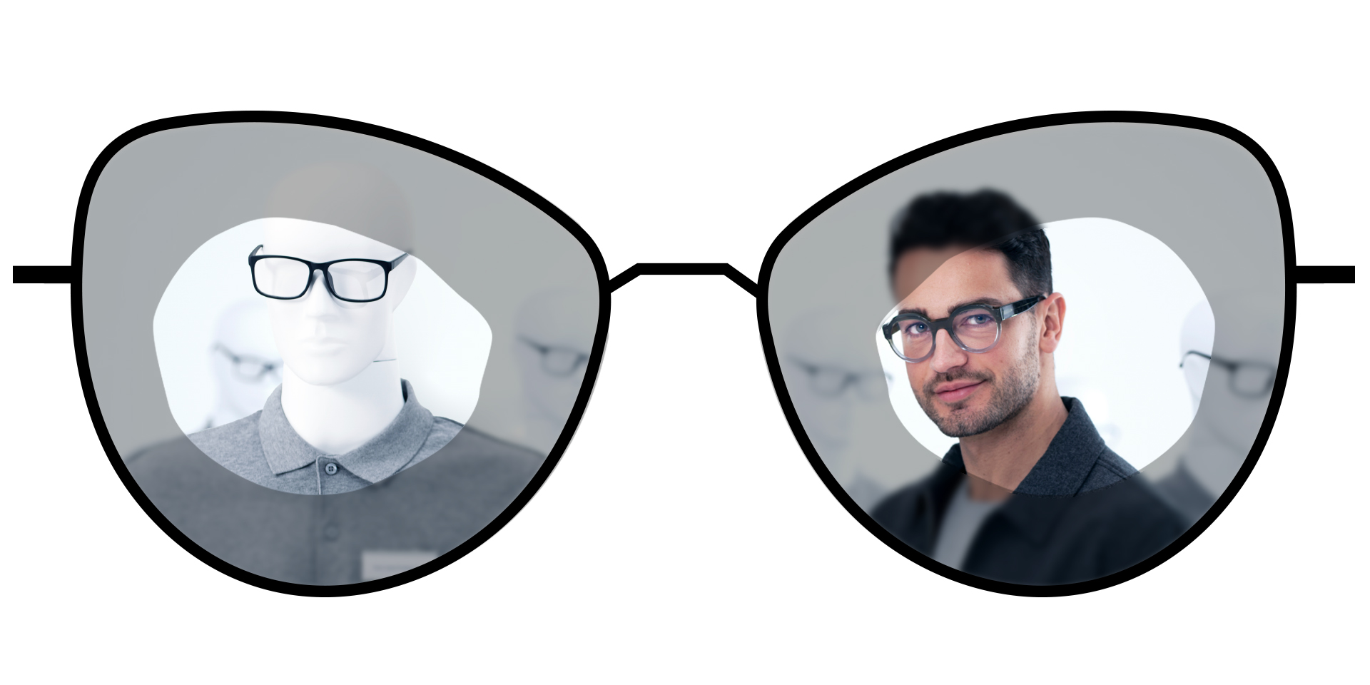 Ilustração de óculos que mostra as zonas desfocadas das lentes monofocais convencionais em comparação com as amplas zonas nítidas das lentes monofocais ZEISS ClearView.