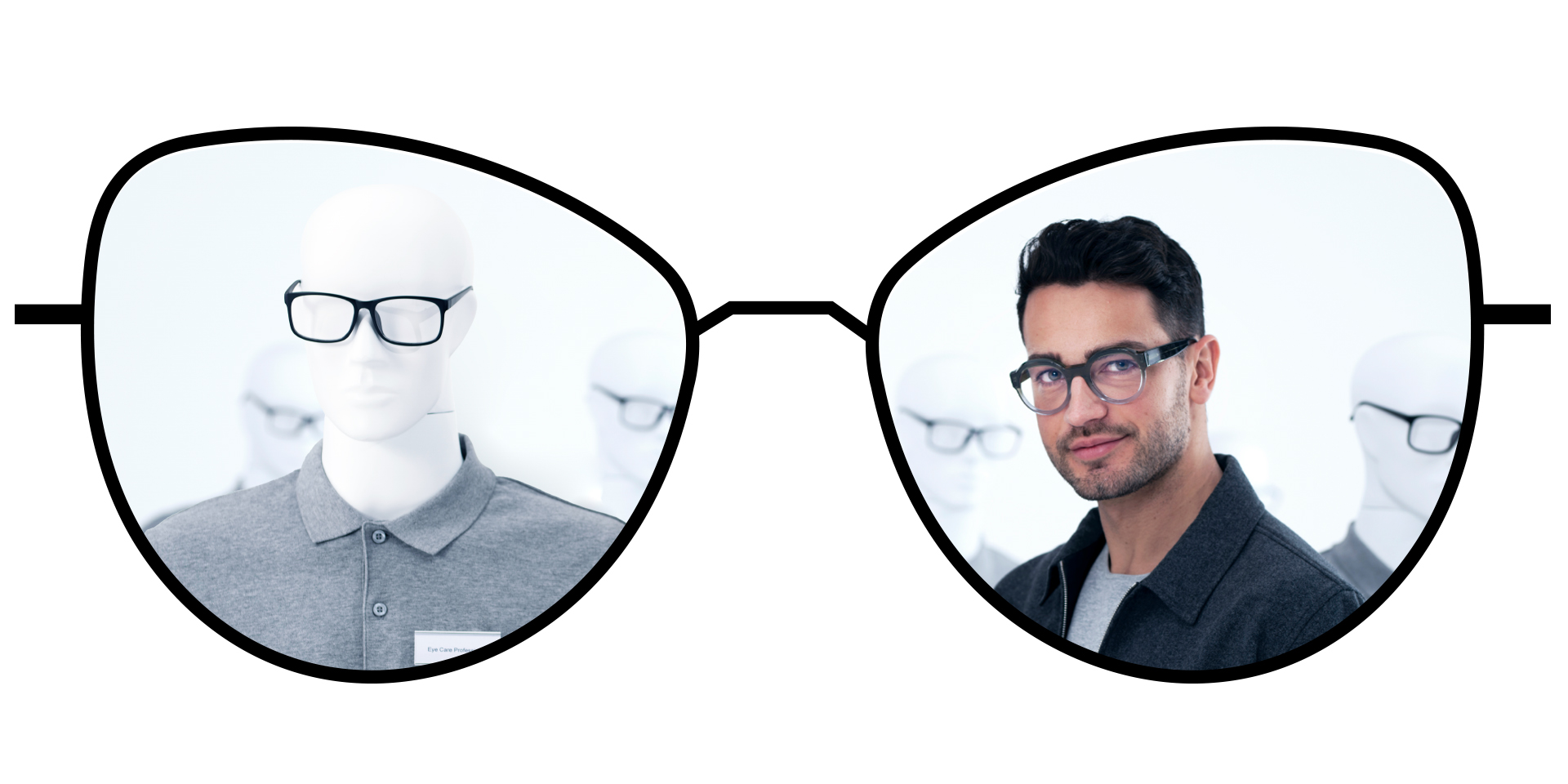 Ilustração de óculos que mostra as zonas desfocadas das lentes monofocais convencionais em comparação com as amplas zonas nítidas das lentes monofocais ZEISS ClearView.