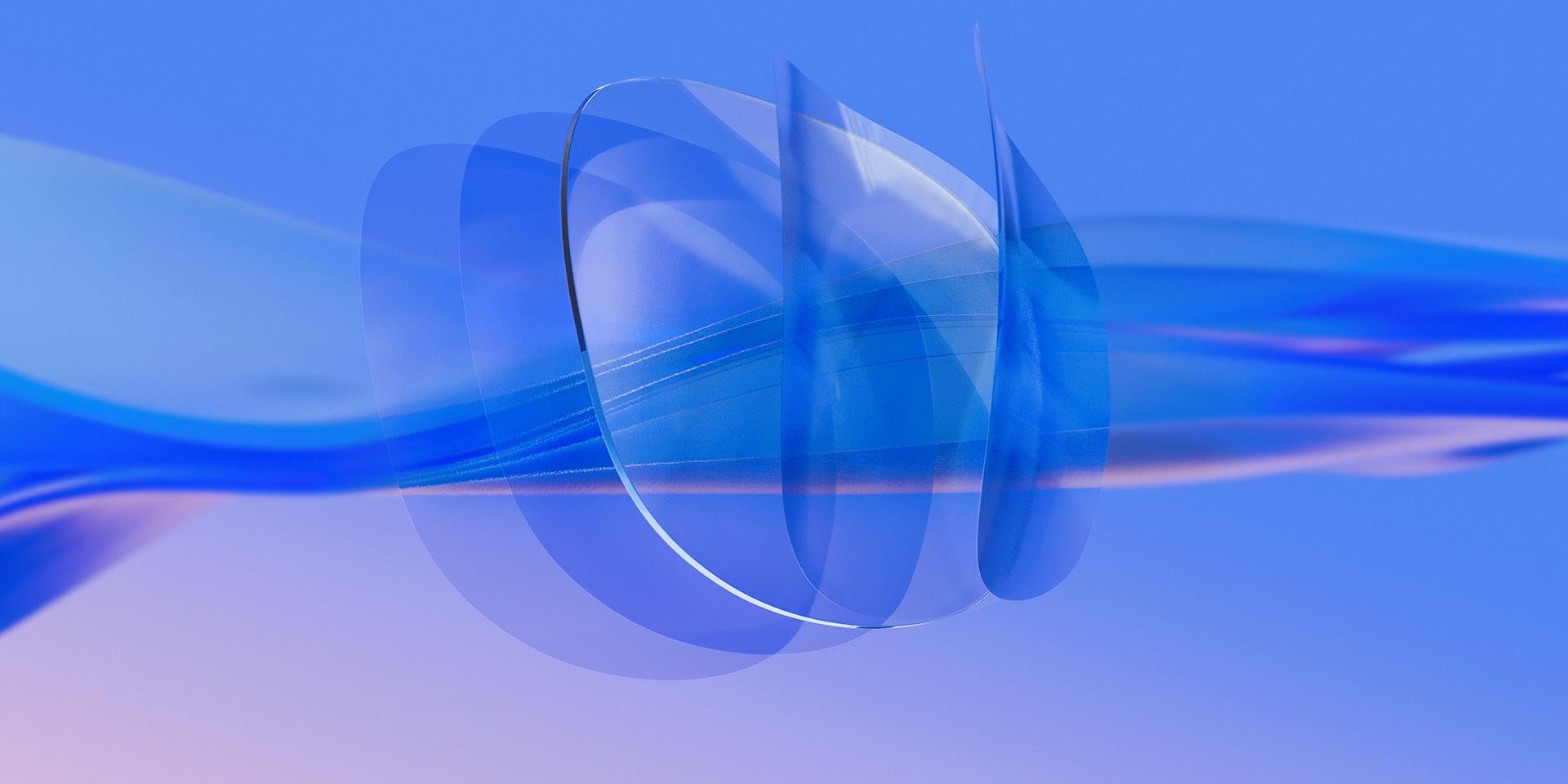 Representação 3D gerada por computador de uma lente ZEISS transparente, com várias camadas ultrafinas de tratamento aplicadas nas superfícies interna e externa.