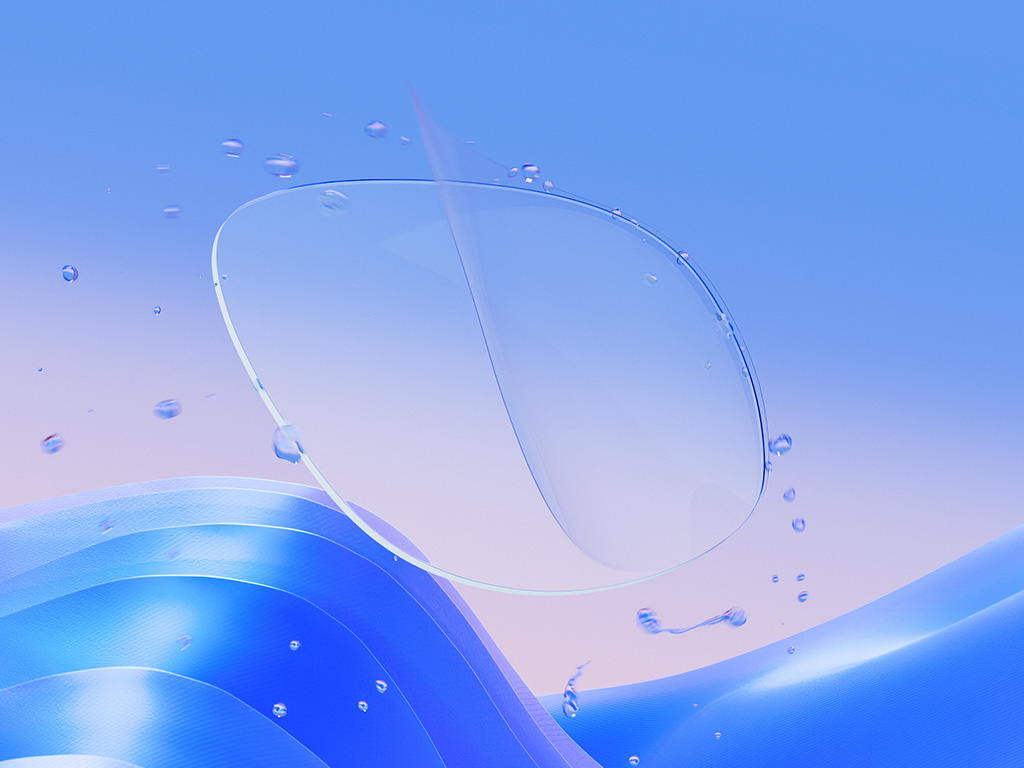 Representação gerada por computador da aplicação de uma fina camada de tratamento sobre uma lente oftálmica transparente, evidenciando a sua capacidade de repelir eficazmente gotas de água, bem como as propriedades protetoras do tratamento e a nitidez da lente.