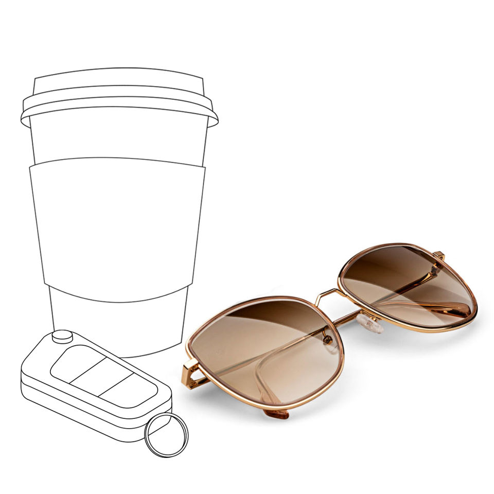 Ilustração de uma chávena de café e de umas chaves de automóvel ao lado de uma imagem real de umas lentes solares ZEISS em castanho degradê.