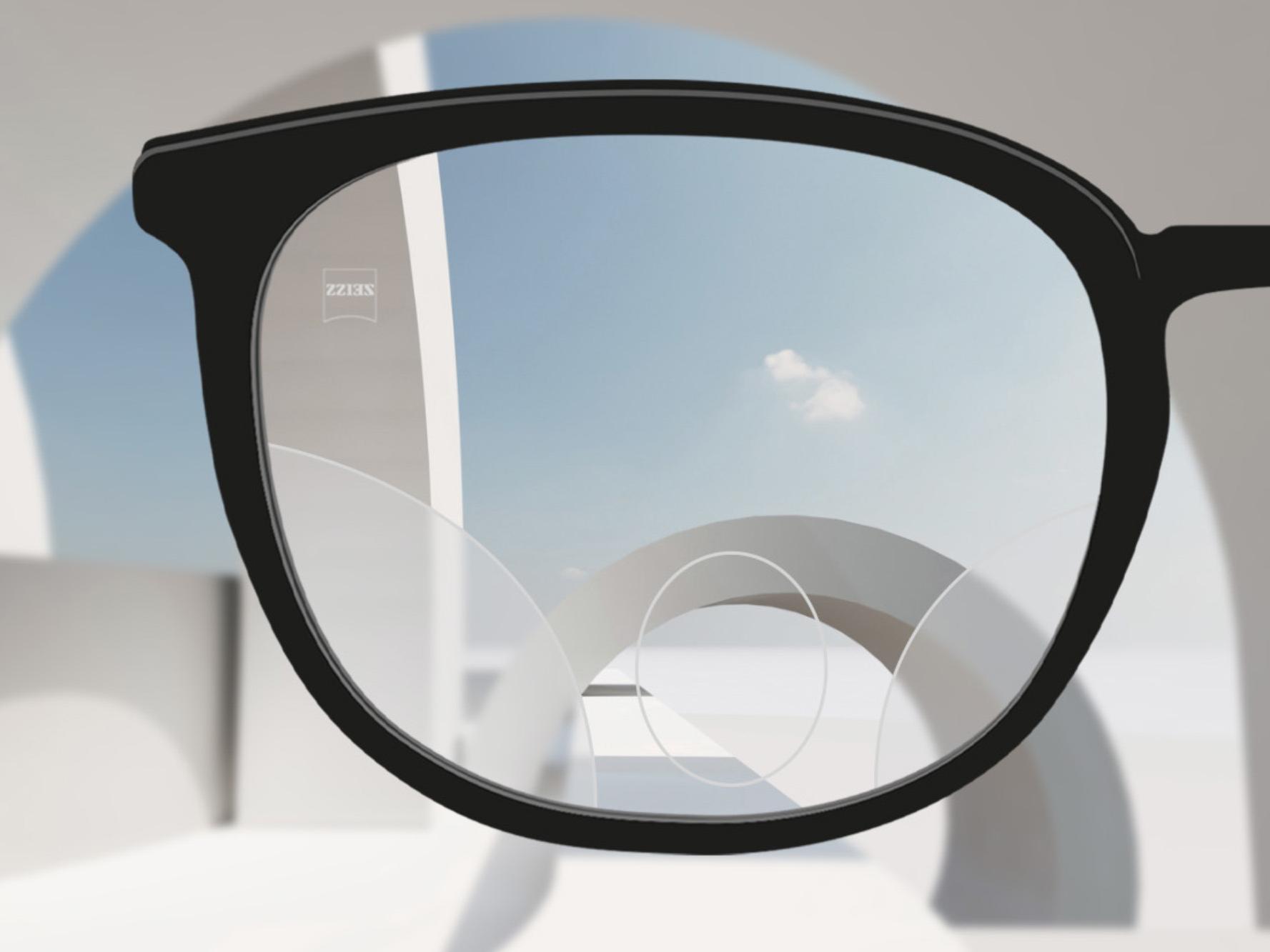 Ilustração esquemática do desenho da lente ZEISS MyoKids: a metade superior da lente auxilia a visão ao longe e a parte inferior auxilia a visão ao perto.