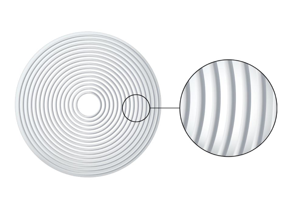 Ilustração de uma lente ZEISS MyoCare com elementos C.A.R.E. que criam zonas de desfocagem para abrandar a progressão da miopia.