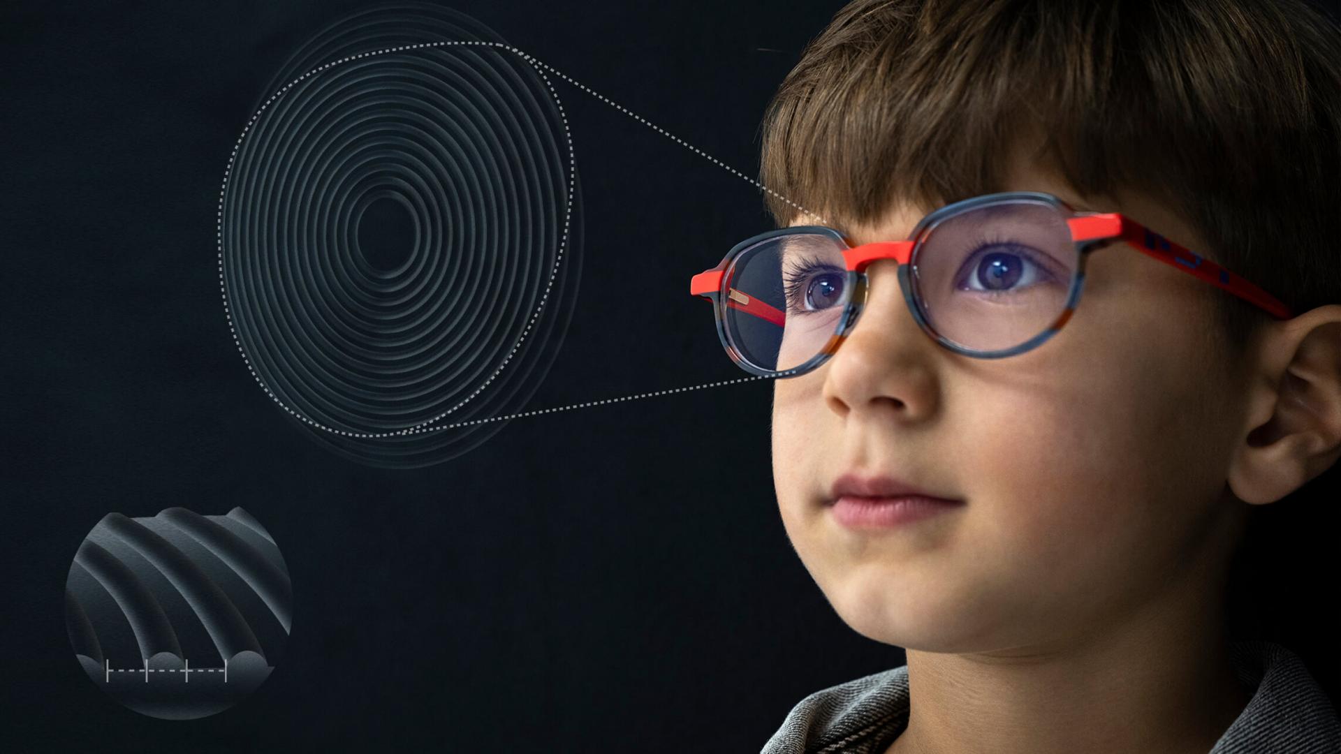 Ilustração em grande plano do desenho da lente ZEISS MyoCare para o tratamento da miopia em crianças.