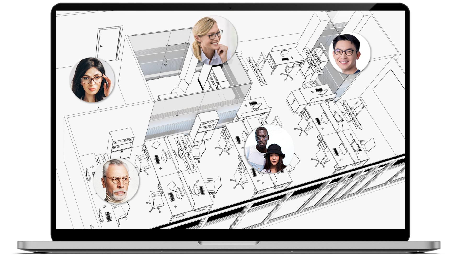 Computador portátil que mostra a planta de um escritório no ecrã, com a localização dos diferentes trabalhadores. Cada área tem uma pequena imagem redonda de pessoas diferentes, todas as usar óculos com lentes ZEISS Office.
