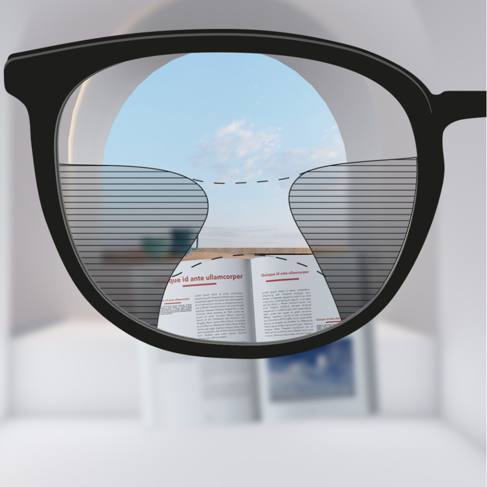 Imagem com um controlo deslizante que mostra uma lente multifocal convencional à esquerda, com zonas de visão relativamente limitadas, em comparação com uma lente de qualidade à direita, que oferece uma visão nítida numa área maior da lente.