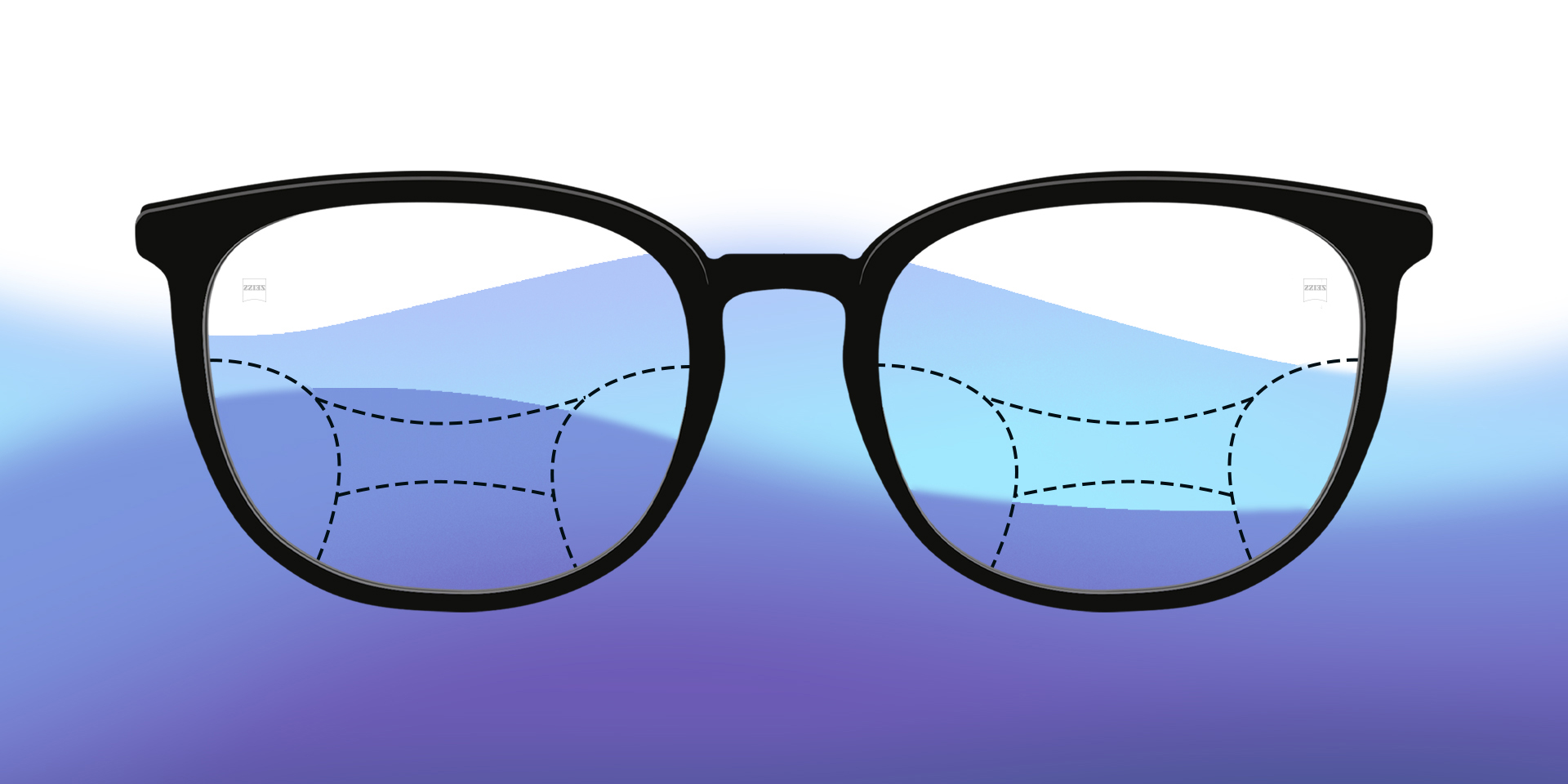 Ilustração de umas lentes progressivas contra um fundo colorido.
