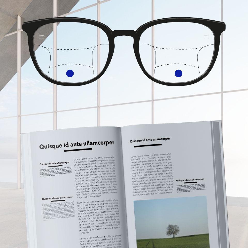 Uma armação com lentes progressivas e linhas esquemáticas que indicam as diferentes zonas de visão. As diferentes partes da lente estão assinaladas: visão ao perto - parte inferior das lentes.
