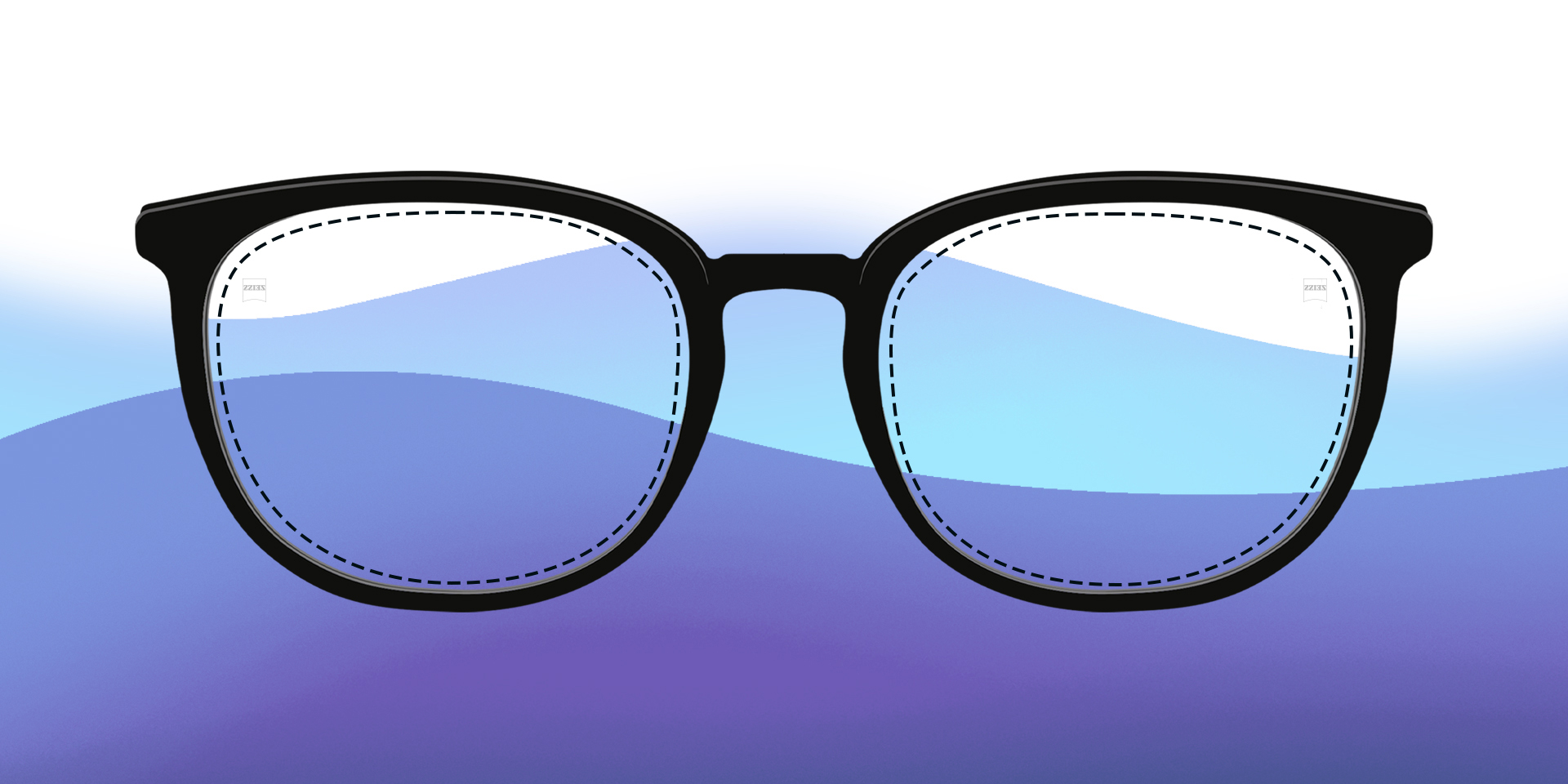 Ilustração de umas lentes monofocais contra um fundo colorido.