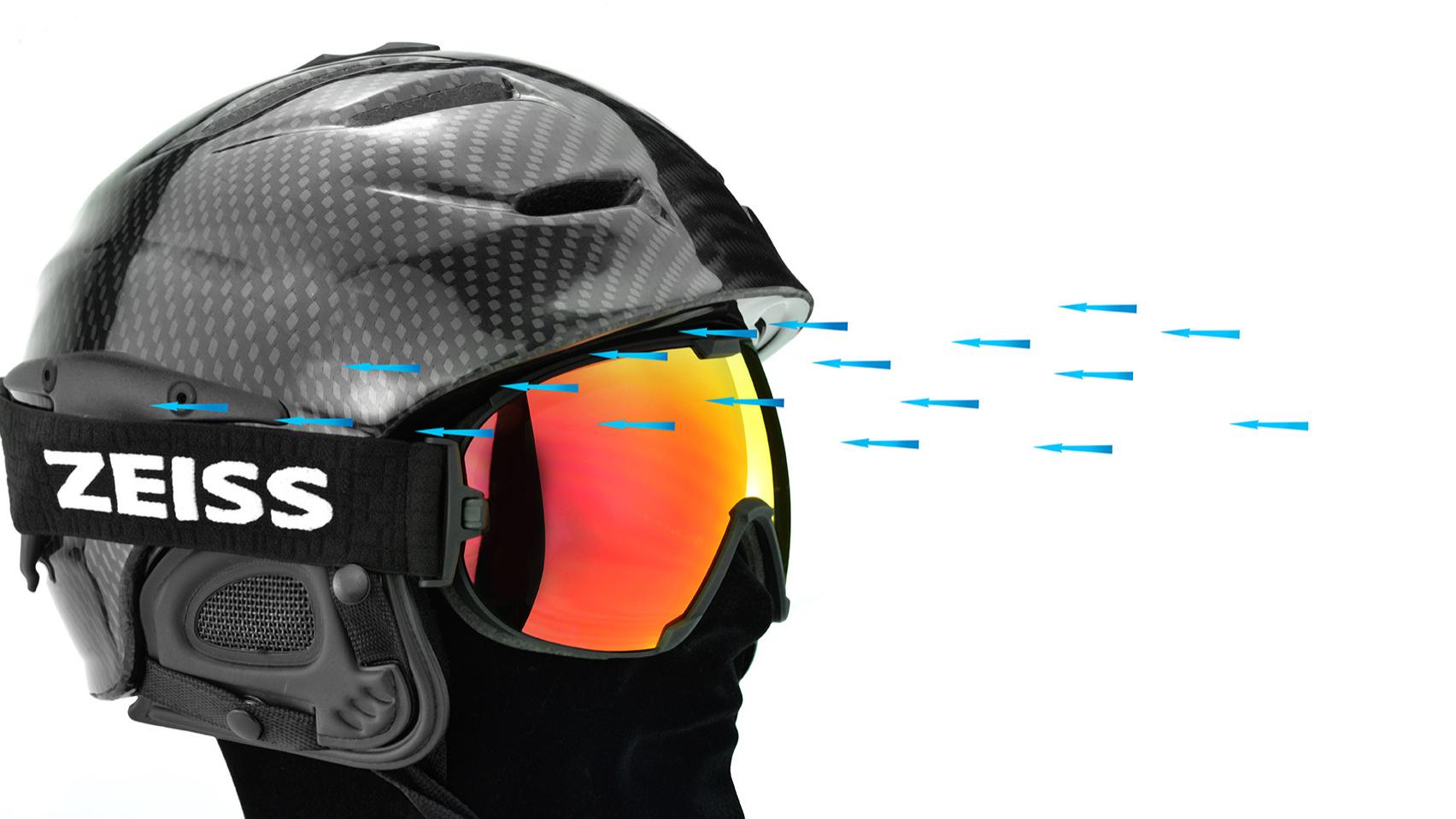 Capacete preto com máscara ZEISS para a neve em vermelho