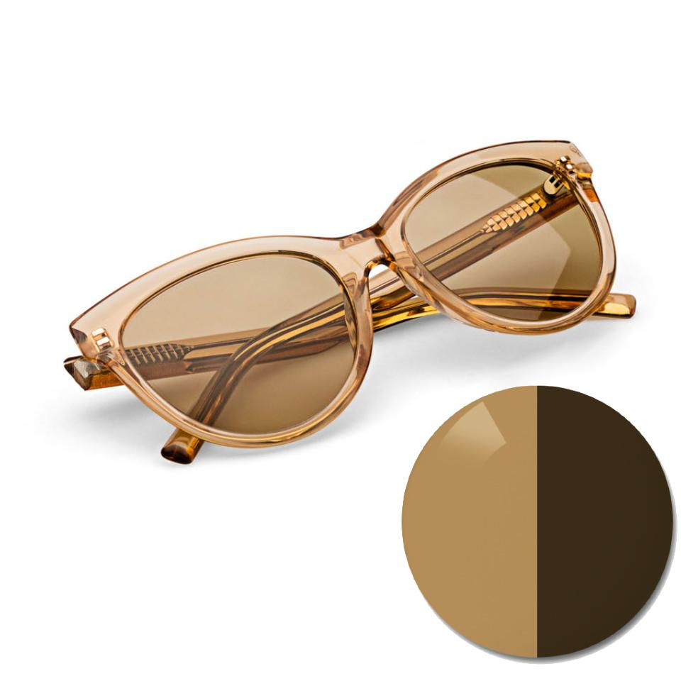 Óculos com lentes ZEISS AdaptiveSun em brown uniforme e um círculo dividido num tom claro e num tom escuro