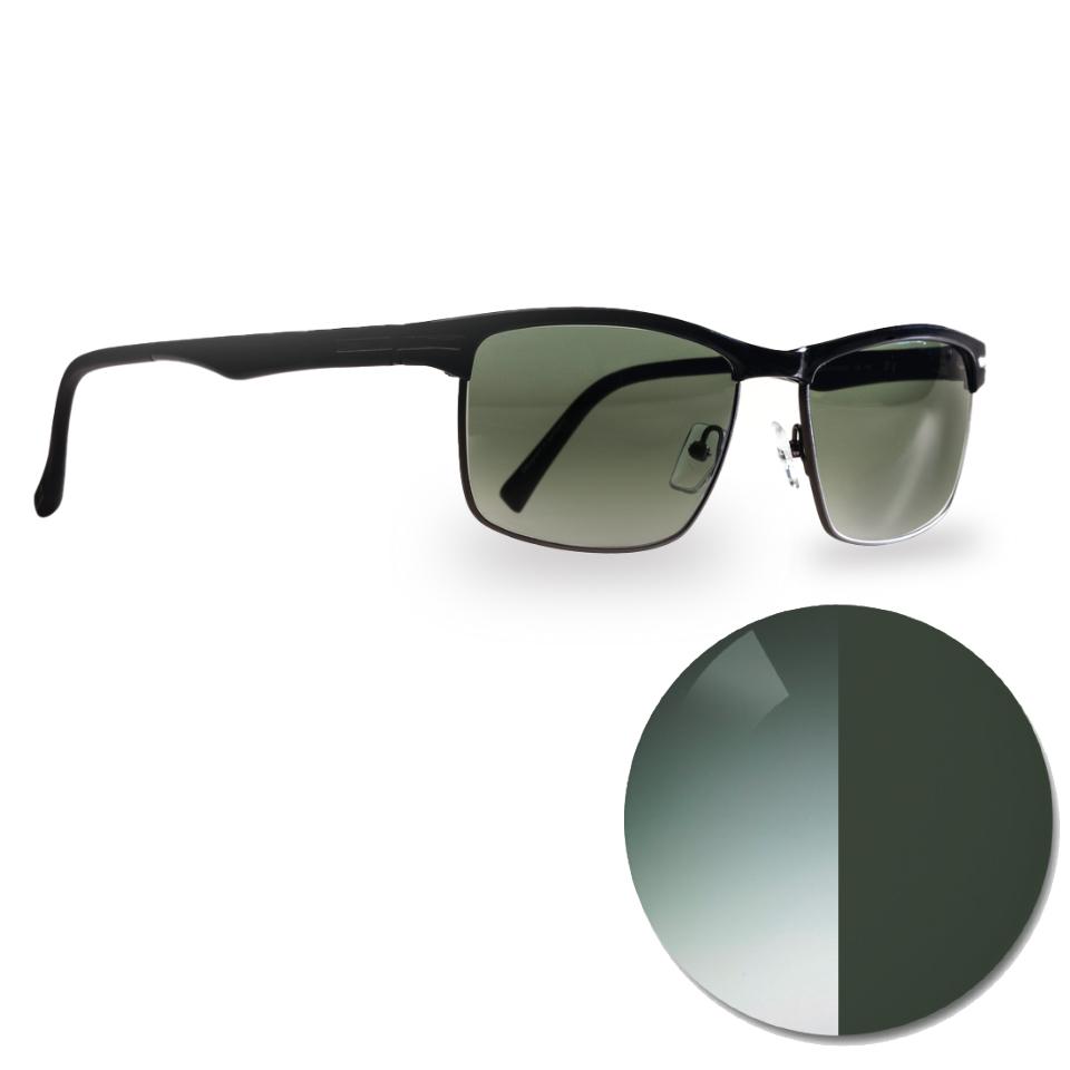 Óculos com lentes ZEISS AdaptiveSun em pioneer degradê e um círculo dividido num tom claro e num tom escuro