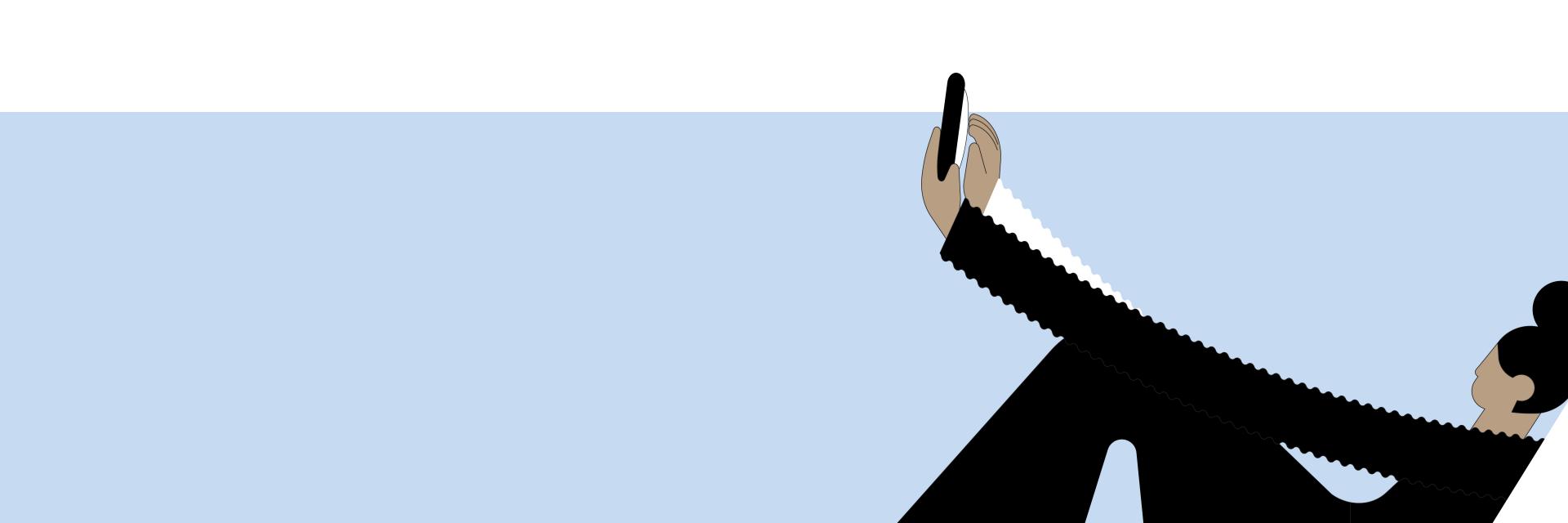 Ilustração de uma mulher a segurar o smartphone com braços muito compridos.