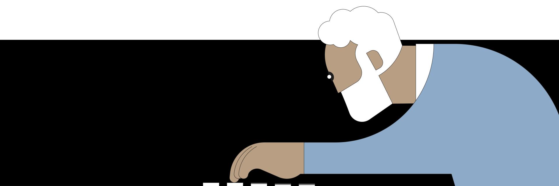 Ilustração de um homem maduro a carregar em botões que se tornam mais desfocados à medida que se aproximam dele.