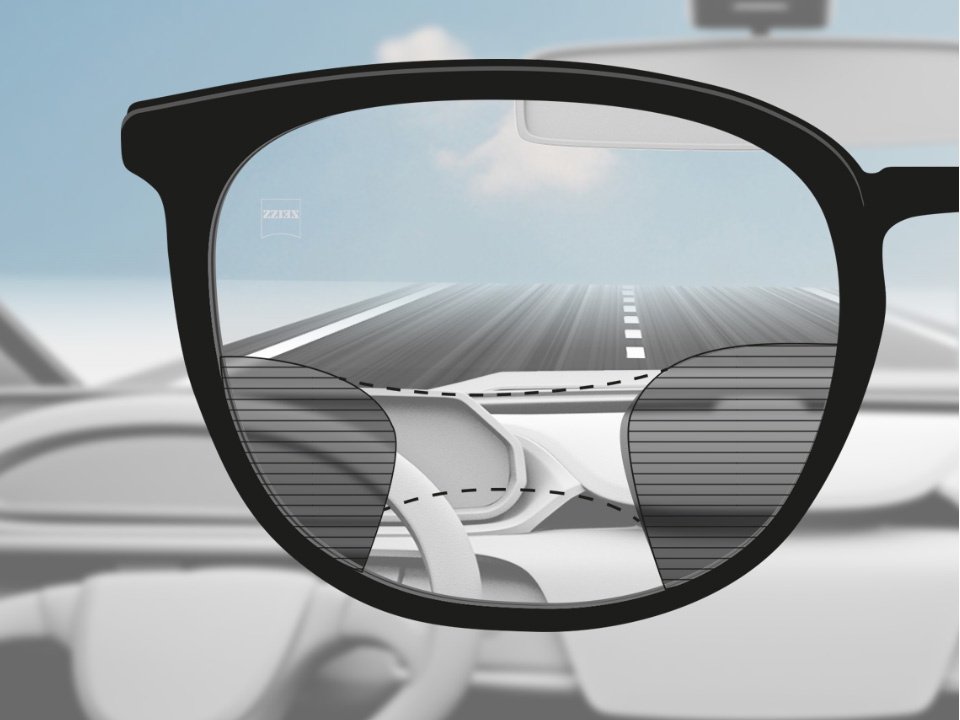 Imagem através da lente ZEISS DriveSafe Progressiva de um condutor, com uma visão nítida da estrada e do tabliê e zonas desfocadas à esquerda e à direita. 