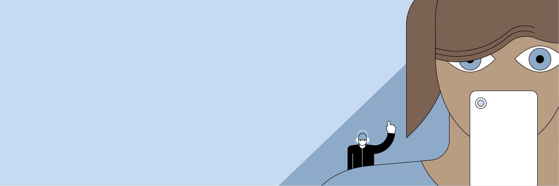 Ilustração de uma mulher a segurar o telemóvel perto do rosto e um homem com auscultadores à distância a levantar o dedo indicador.