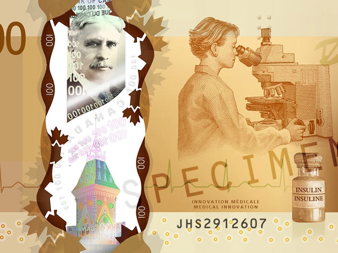 Vista ampliada da nota canadiana de 100 dólares, que mostra um microscópio ZEISS entre outros artigos.