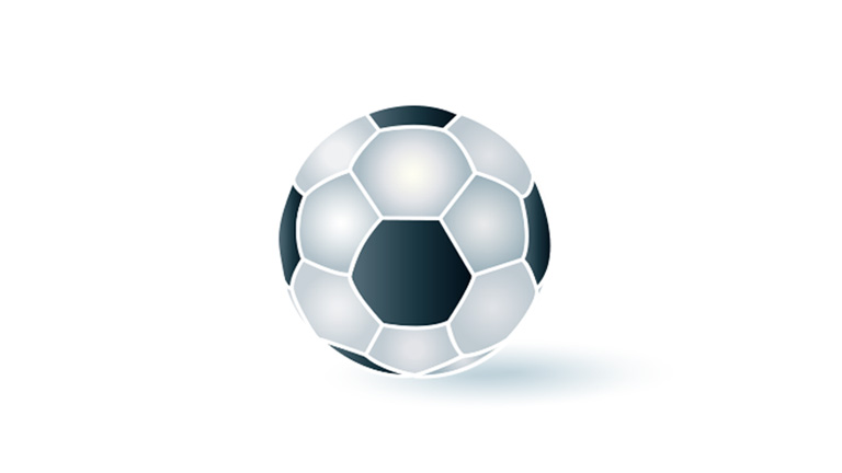 Ilustração 3D de uma bola de futebol de cor preta e branca.