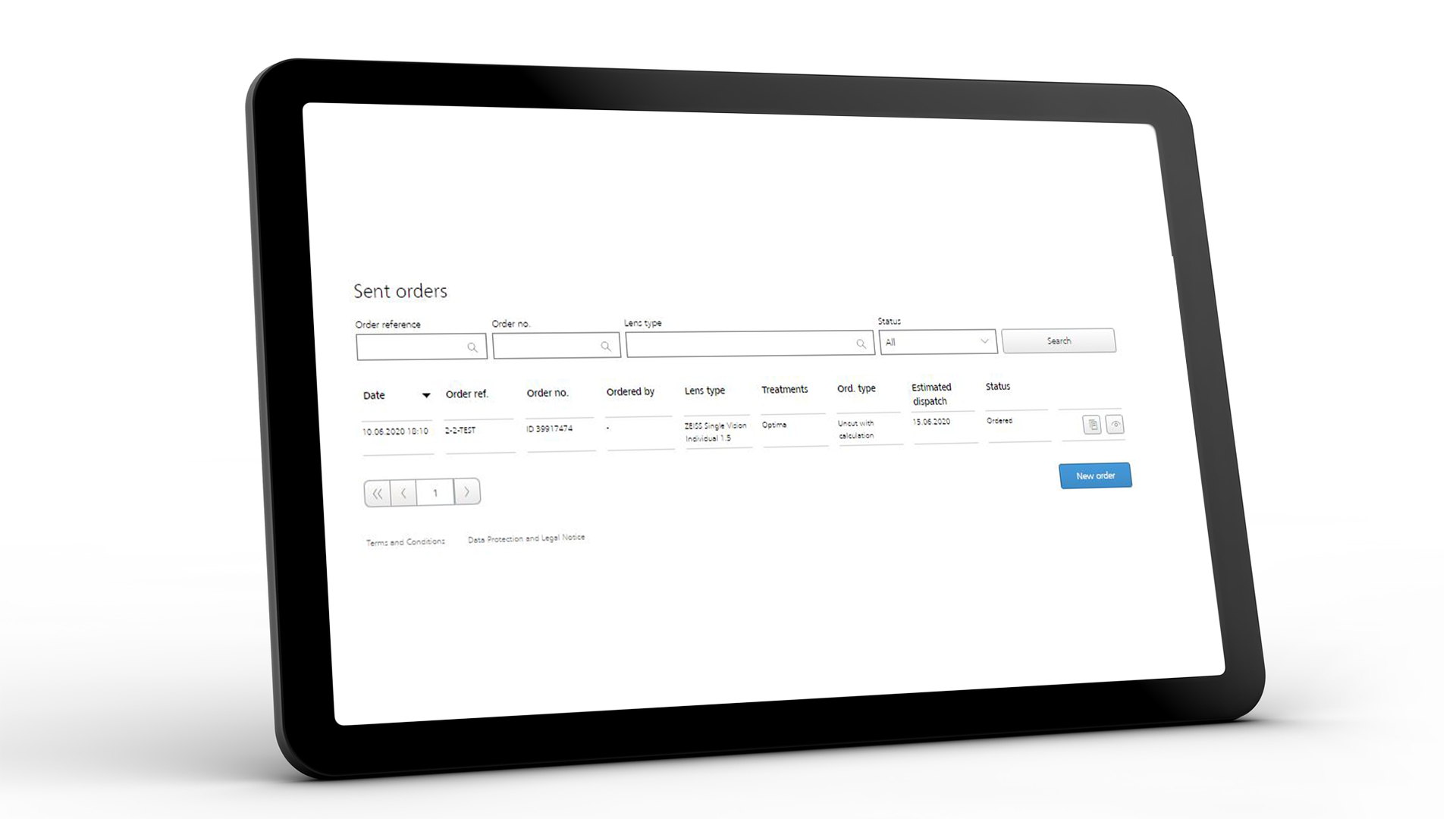 Tablet screen showing the ZEISS VISUSTORE interface for sent orders 