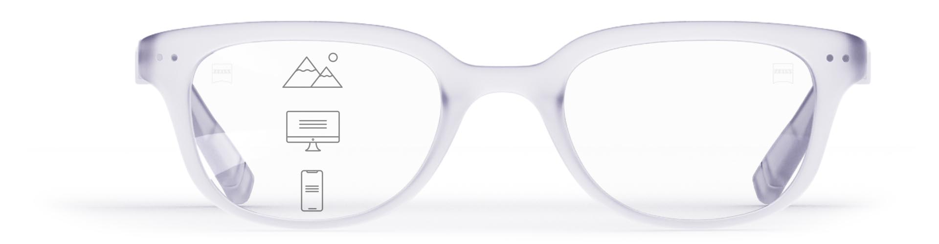 Lentes ZEISS SmartLife Progressivas numa elegante armação transparente com ícones que indicam as diferentes zonas de visão – perto, intermediária e longe